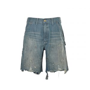 Ink-splattered raw-edge lumberjack denim shorts - M