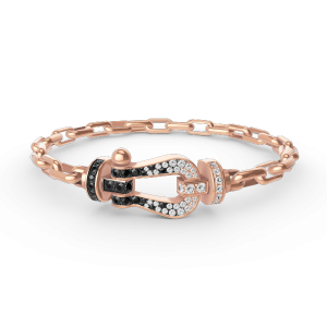 [Lucas Jewelry]FORCE LARGE HORSESHOE CLASP  METAL BRACELET - Rose Gold-Black and white full diamond, 18