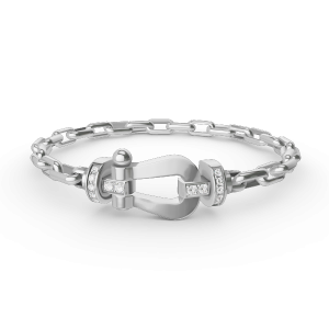 [Lucas Jewelry]FORCE LARGE HORSESHOE CLASP  METAL BRACELET - Platinum Half Diamond-Horseshoe buckle, 18