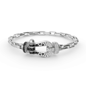 [Lucas Jewelry]FORCE LARGE HORSESHOE CLASP  METAL BRACELET - Platinum-Black and white full diamond, 20