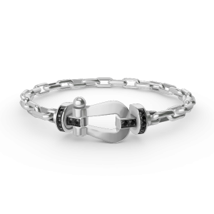 [Lucas Jewelry]FORCE LARGE HORSESHOE CLASP  METAL BRACELET - Platinum-Black half diamond, 16